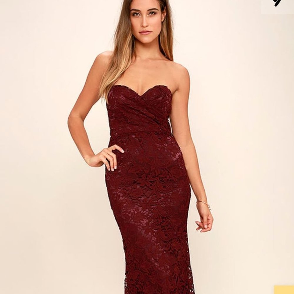 Inherent Beauty Burgundy Lace Strapless Maxi Dress